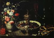 PEETERS, Clara bord med blomvas och torkad frukt oil painting reproduction